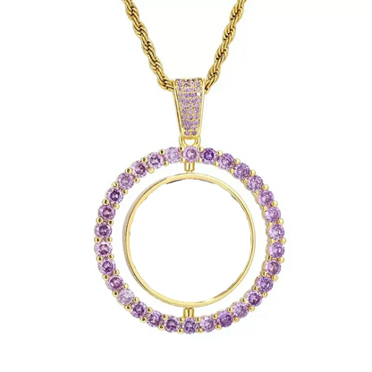 3D Double-Sided Custom Photo Round Pendant White Gold Pink Diamonds - 45mm