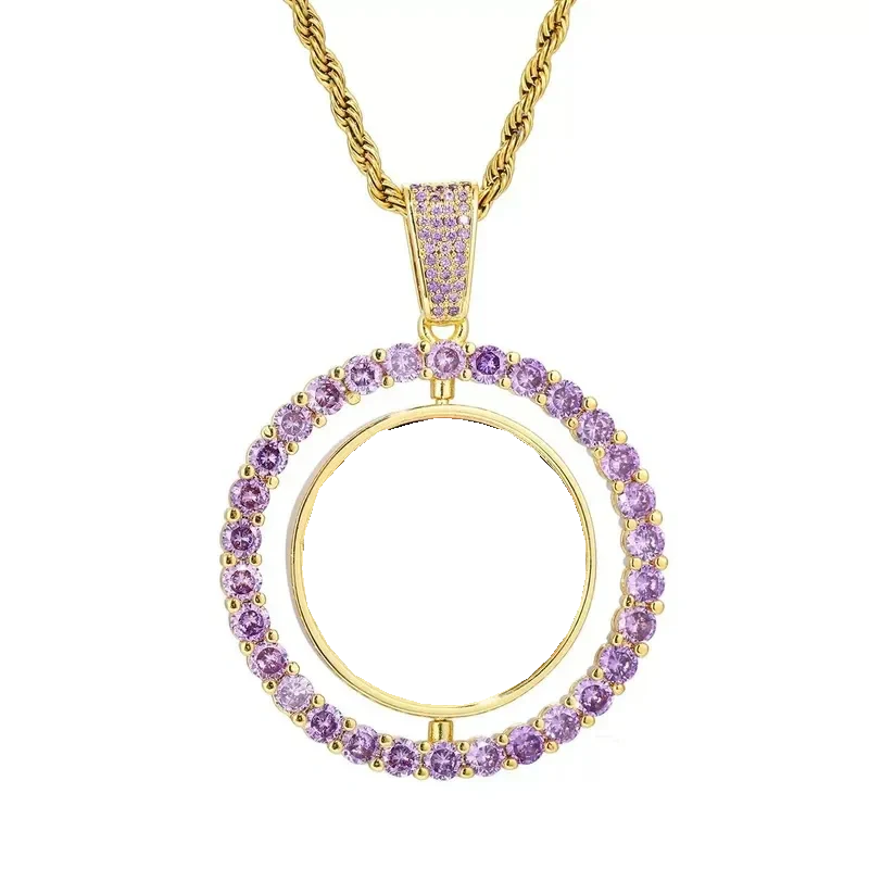 3D Double-Sided Custom Photo Round Pendant White Gold Pink Diamonds - 45mm
