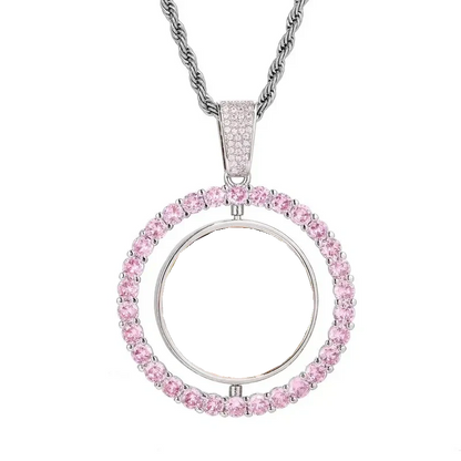 3D Double-Sided Custom Photo Round Pendant White Gold Pink Diamonds - 45mm