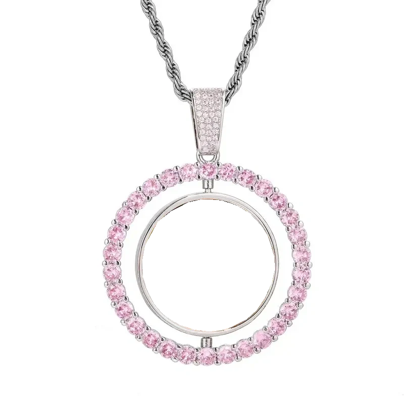 3D Double-Sided Custom Photo Round Pendant White Gold Pink Diamonds - 45mm