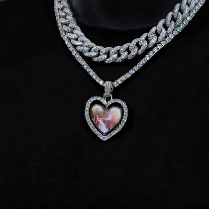 3D spinning two-faced heart custom photo pendant on iced chain necklace 