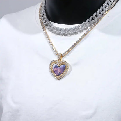 Double-sided custom heart pendant with two pictures, displayed on white shirt