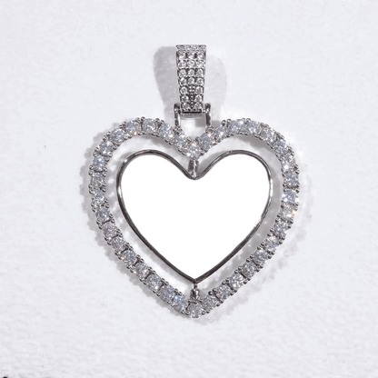 Heart-shaped frame pendant with micro-set diamonds and rotatable photo insert
