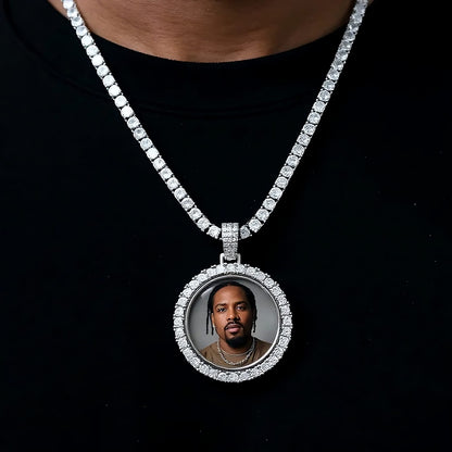 3D double-sided custom photo pendant worn on neck, round iced hip hop necklace