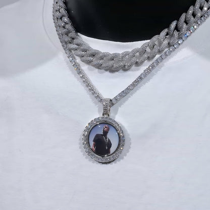 Silver spinning custom photo pendant with round iced design, hip hop chain jewelry
