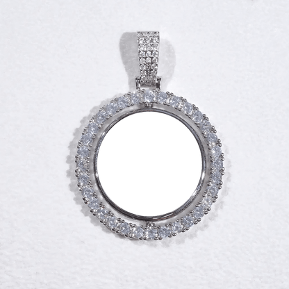 Empty round photo pendant frame with iced border, ready for custom picture insert 