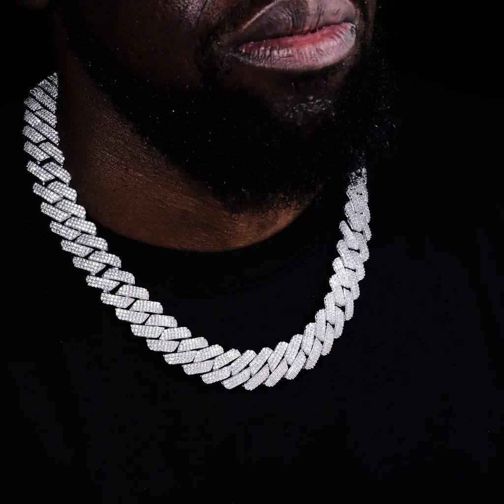 19MM 3ROW PRONG CUBAN LINK NECKLACE + BRACELET BUNDLE IN WHITEGOLD