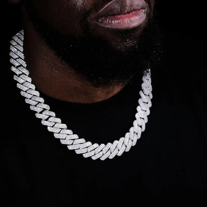 19MM 3ROW PRONG CUBAN LINK NECKLACE + BRACELET BUNDLE IN WHITEGOLD