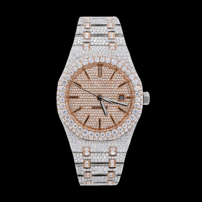 42MM Fully Iced Out Watch on Rose Gold Two Tone Era® 316, Color: White Gold/Rose Gold, Size: 42mm, Width: 42mm, Material: 316L Stainless Steel, Stone: 5A, - TONGSHOP