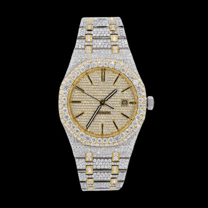 42MM Fully Iced Out Watch in Yellow Gold Two Tone Era® 316, Color: White Gold/Yellow Gold, Size: 42mm, Width: 42mm, Material: - 316L Stainless Steel/14K White Gold Plated, Stone: 5A, Gender: Unisex, Age Group: Adult