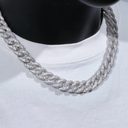 New 15mm 5-Row Cuban Chain with high-quality VVS simulated diamonds. Handcrafted with iced out clasp. Available in 18 or 20 inches. Material: Copper with 18K Gold/WhiteGold Finish. Includes chain, dust bag, gift box, jewelry cloth, and warranty card.