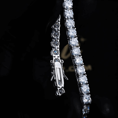 White gold 5mm moissanite tennis bracelet, VVS clarity, luxury jewelry display