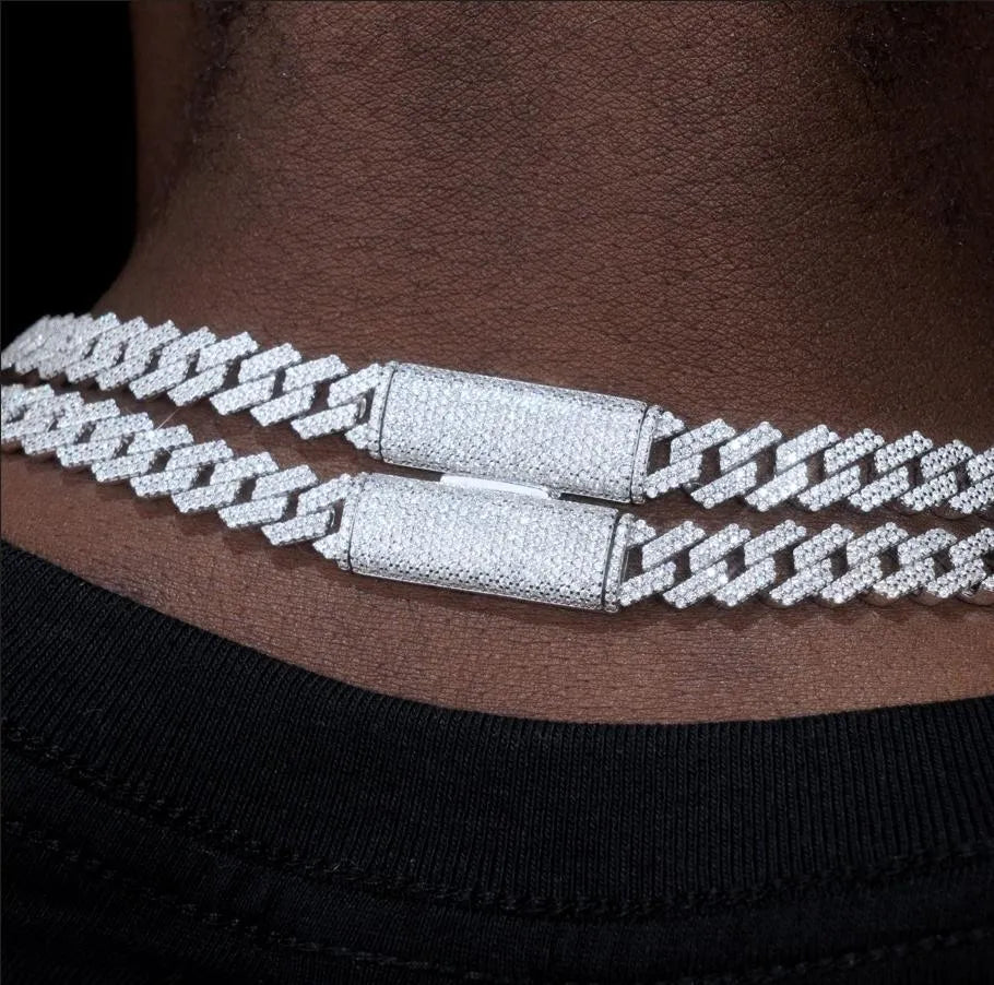 S925 & VVS Moissanite Two Row Prong Cuban Link Chain - 8mm