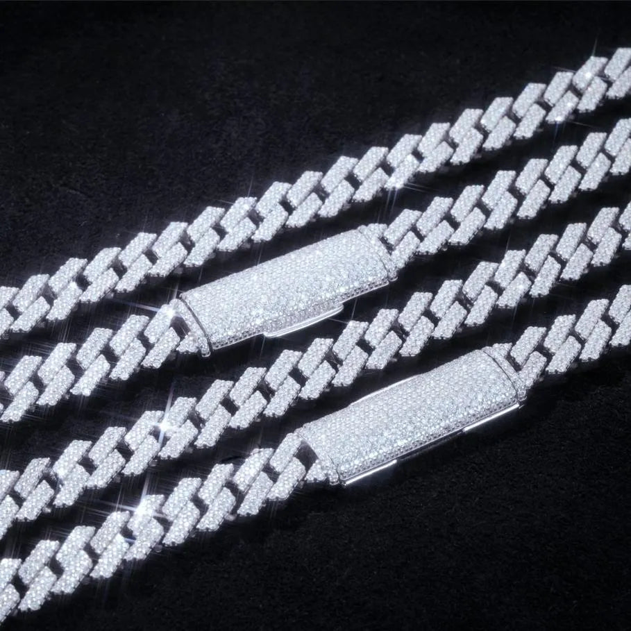 S925 & VVS Moissanite Two Row Prong Cuban Link Chain - 8mm