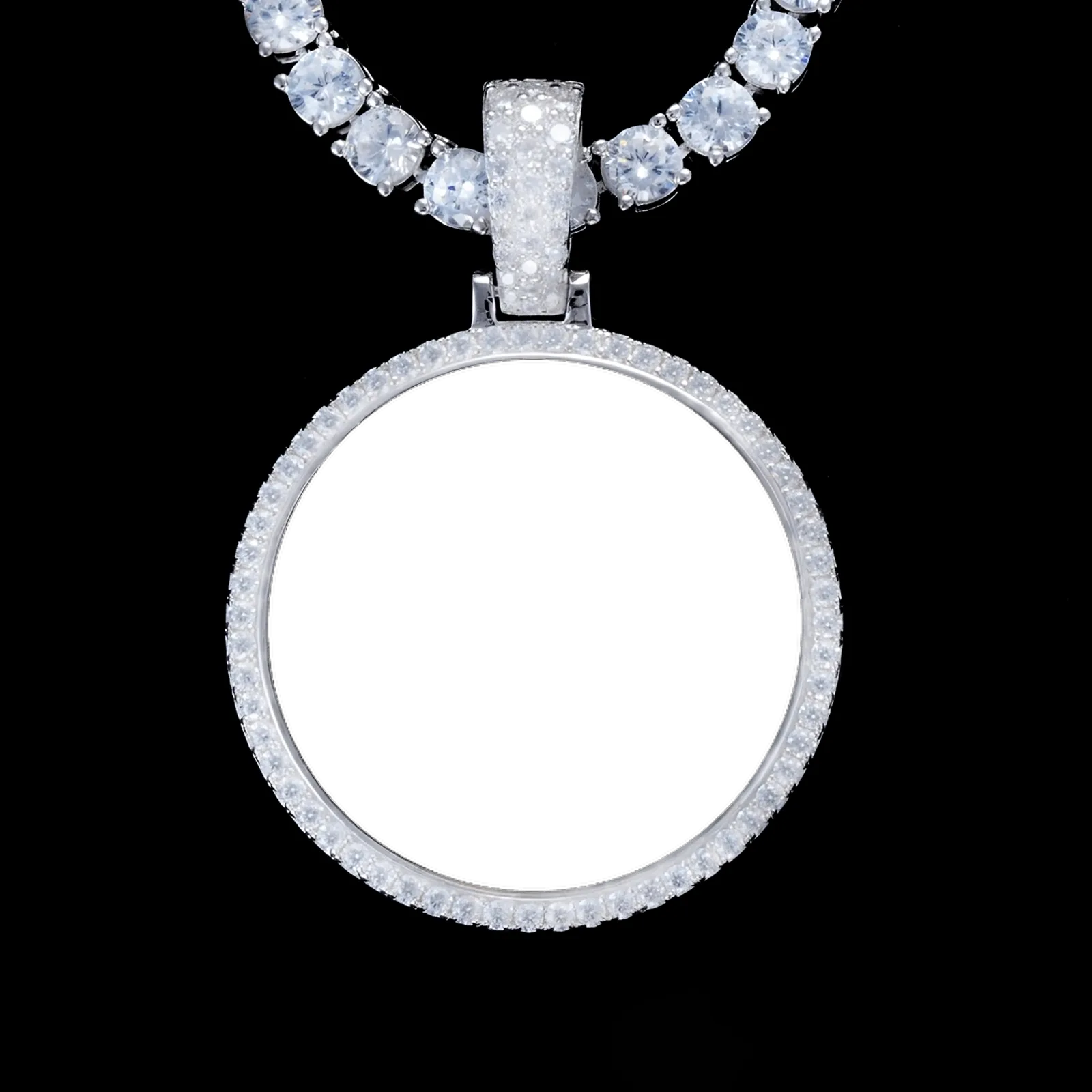Blank round pendant necklace base ready for custom photo design, 925S moissanite hip hop jewelry