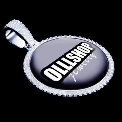 Side angle view of custom circle photo pendant with VVS moissanite stones, iced out necklace 
