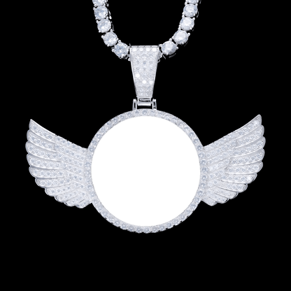 Silver moissanite 3D wing photo pendant with custom image, iced jewelry necklace