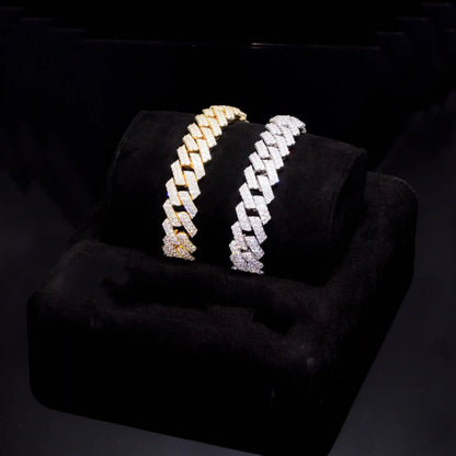 12mm prong Cuban bracelet in white gold and yellow gold with VVS moissanite stones