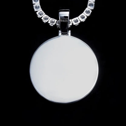 Back view of silver 3D circle photo pendant with moissanite stones, custom hip hop necklace