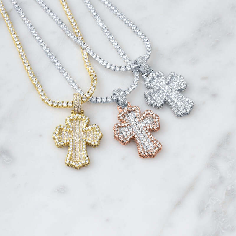 Baguette Cross Pendant in White Gold