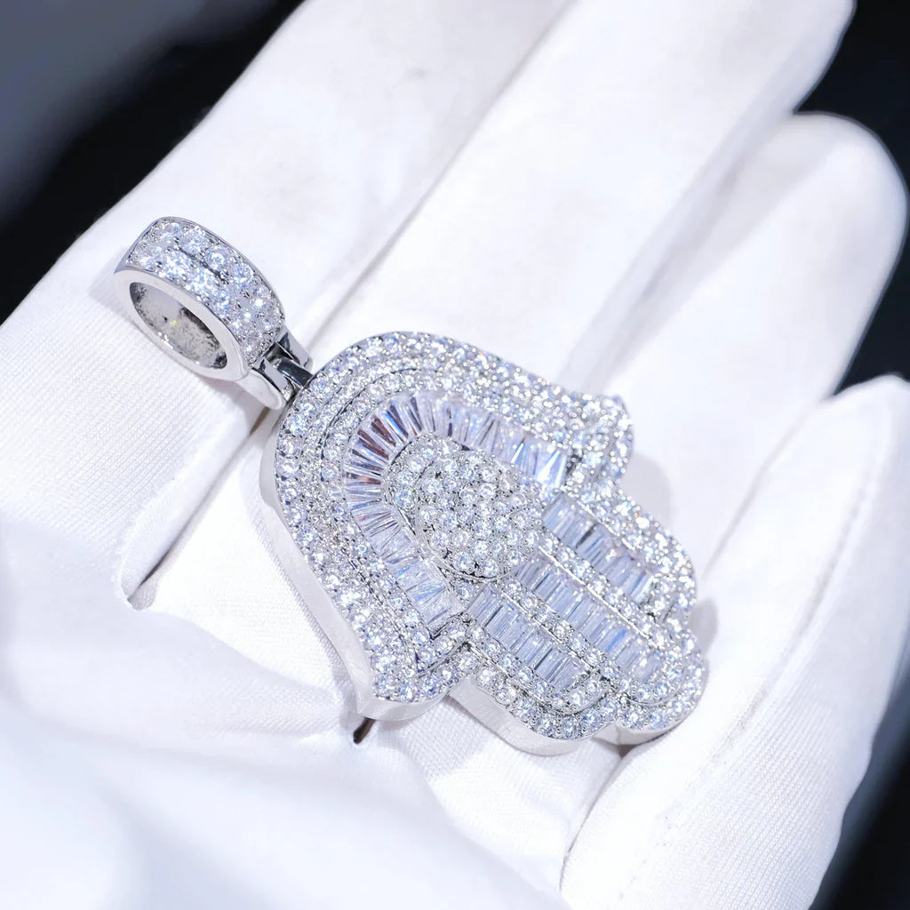 Baguette Hamsa Hand Pendant In White Gold - 35MM