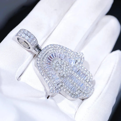 Baguette Hamsa Hand Pendant In White Gold - 35MM