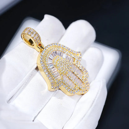Baguette Hamsa Hand Pendant In White Gold - 35MM