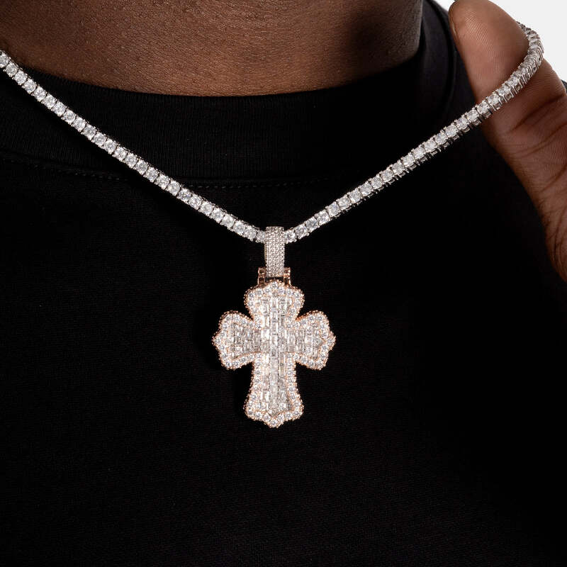 Baguette cross pendant in rose gold iced necklace close-up