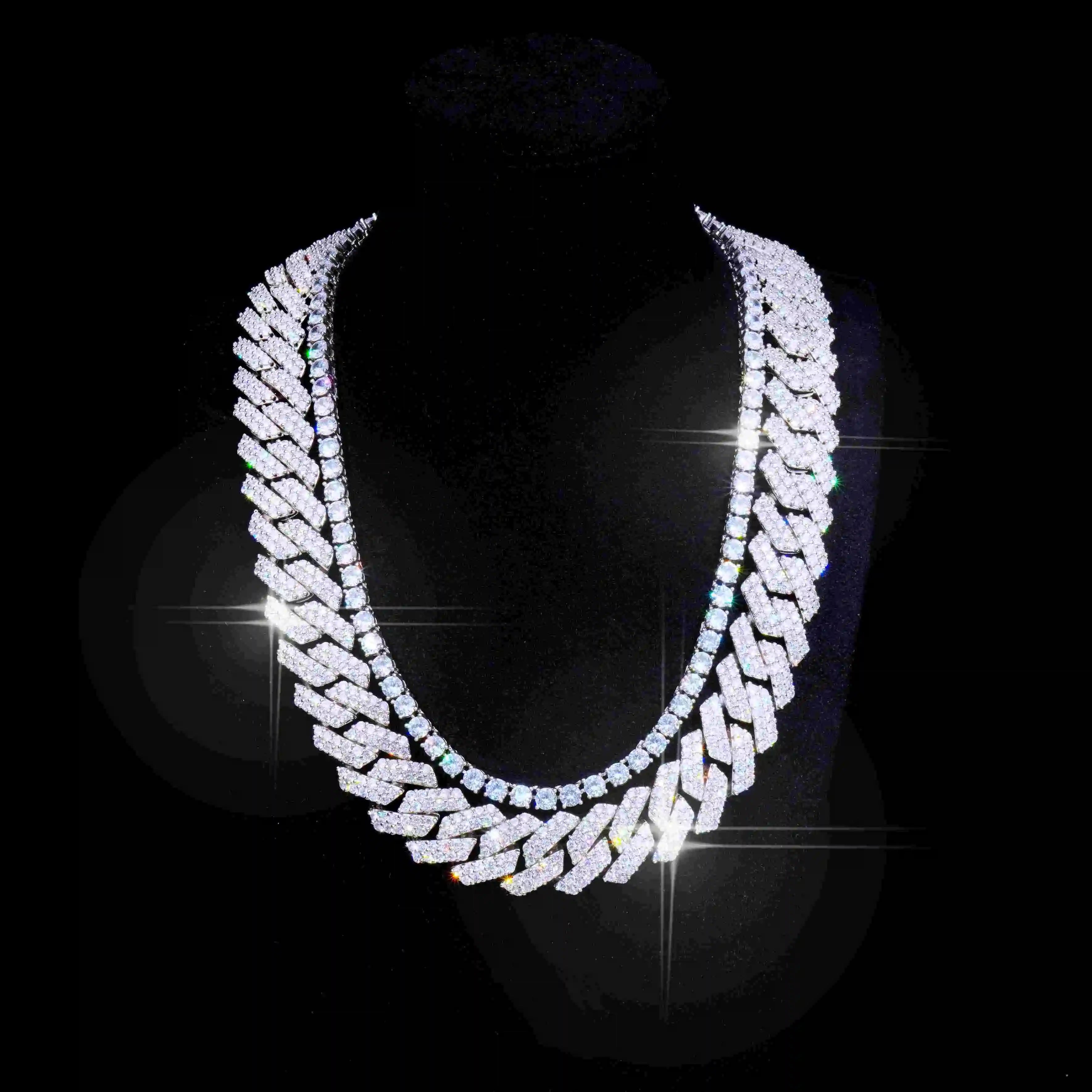 Bundle 19MM 2-Row Prong Cuabn + 5MM Tennis In WhtieGold，Welcome to our Hip-Hop Chain Collection page, showcasing a variety of high-quality necklaces, including the Micro Clustered Tennis Necklace in White Gold, Diamond Prong Link Chain in White Gold - 19mm, Figaro Link Chain in Yellow Gold - 4mm, and more. Each necklace is crafted with premium materials and exceptional craftsmanship, blending fashion and luxury to create a unique hip-hop style. Whether you're looking for a trendy piece for everyday wear or 