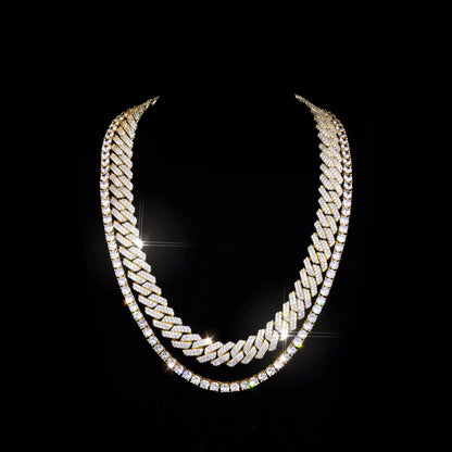 Bundle 14MM Prong Cuabn + 5MM Tennis In Gold，Welcome to our Hip-Hop Chain Collection page, showcasing a variety of high-quality necklaces, including the Micro Clustered Tennis Necklace in White Gold, Diamond Prong Link Chain in White Gold - 19mm, Figaro Link Chain in Yellow Gold - 4mm, and more. Each necklace is crafted with premium materials and exceptional craftsmanship, blending fashion and luxury to create a unique hip-hop style. Whether you're looking for a trendy piece for everyday wear or a dazzling 