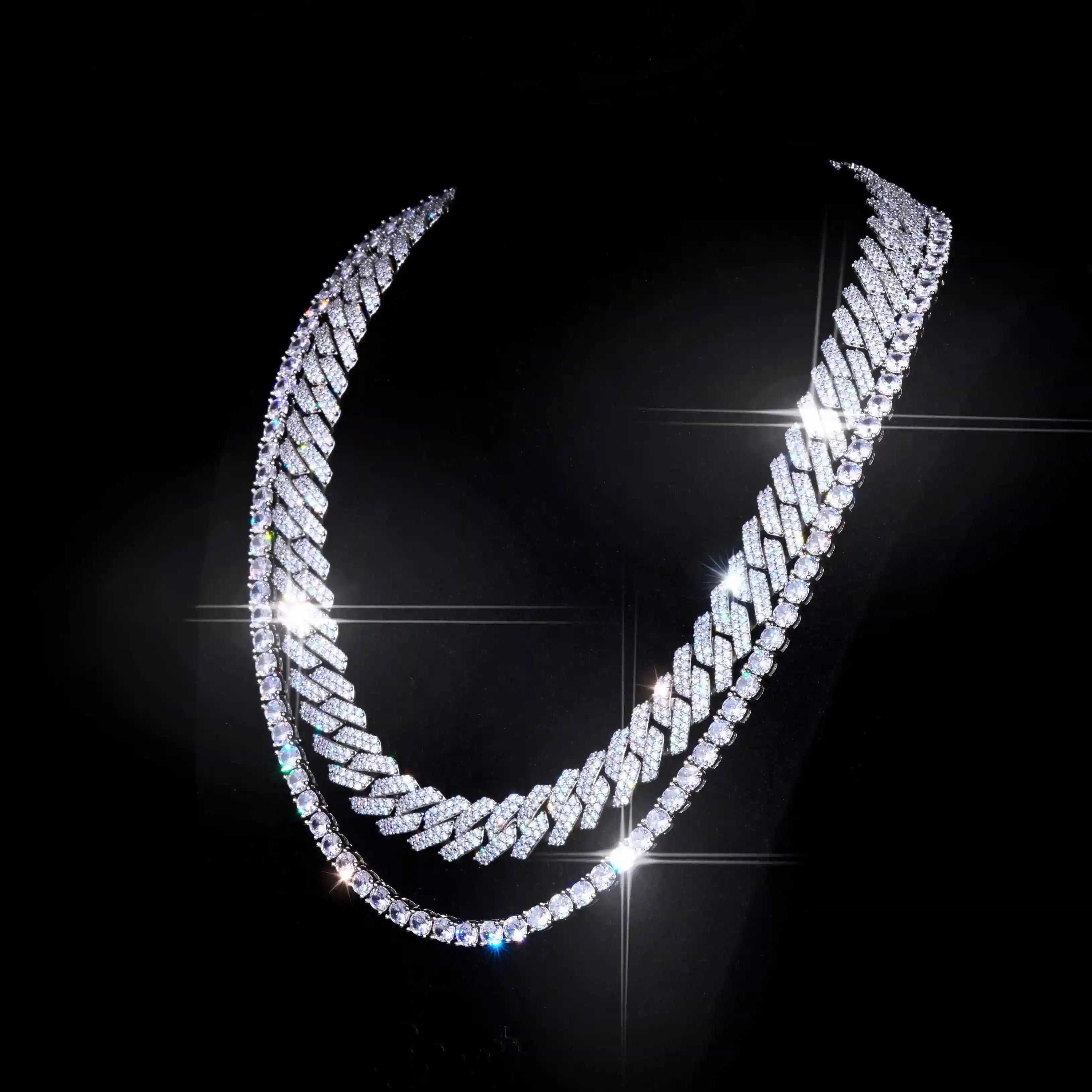 Bundle 14MM Prong Cuabn + 5MM Tennis In WhiteGold，Welcome to our Hip-Hop Chain Collection page, showcasing a variety of high-quality necklaces, including the Micro Clustered Tennis Necklace in White Gold, Diamond Prong Link Chain in White Gold - 19mm, Figaro Link Chain in Yellow Gold - 4mm, and more. Each necklace is crafted with premium materials and exceptional craftsmanship, blending fashion and luxury to create a unique hip-hop style. Whether you're looking for a trendy piece for everyday wear or a dazz