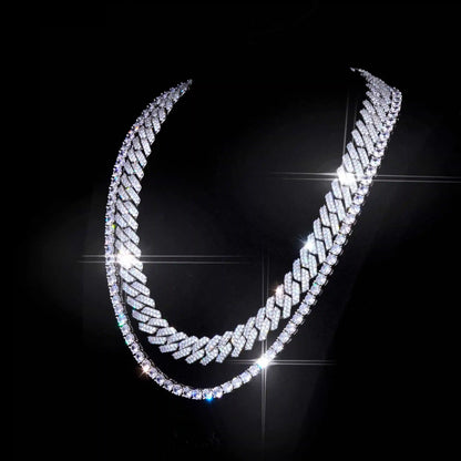Bundle 14MM Prong Cuabn + 5MM Tennis In WhiteGold，Welcome to our Hip-Hop Chain Collection page, showcasing a variety of high-quality necklaces, including the Micro Clustered Tennis Necklace in White Gold, Diamond Prong Link Chain in White Gold - 19mm, Figaro Link Chain in Yellow Gold - 4mm, and more. Each necklace is crafted with premium materials and exceptional craftsmanship, blending fashion and luxury to create a unique hip-hop style. Whether you're looking for a trendy piece for everyday wear or a dazz