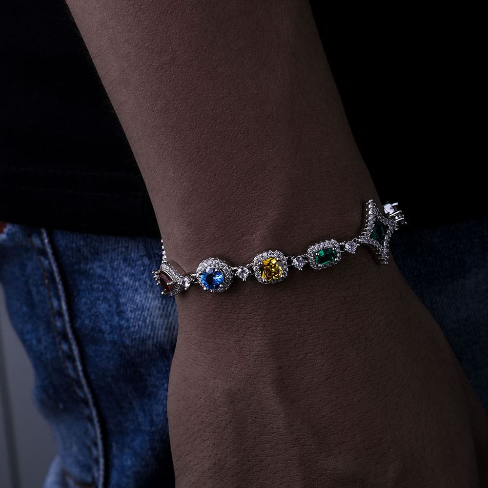 10mm chain bracelet featuring blue, green, and yellow gemstones iced style