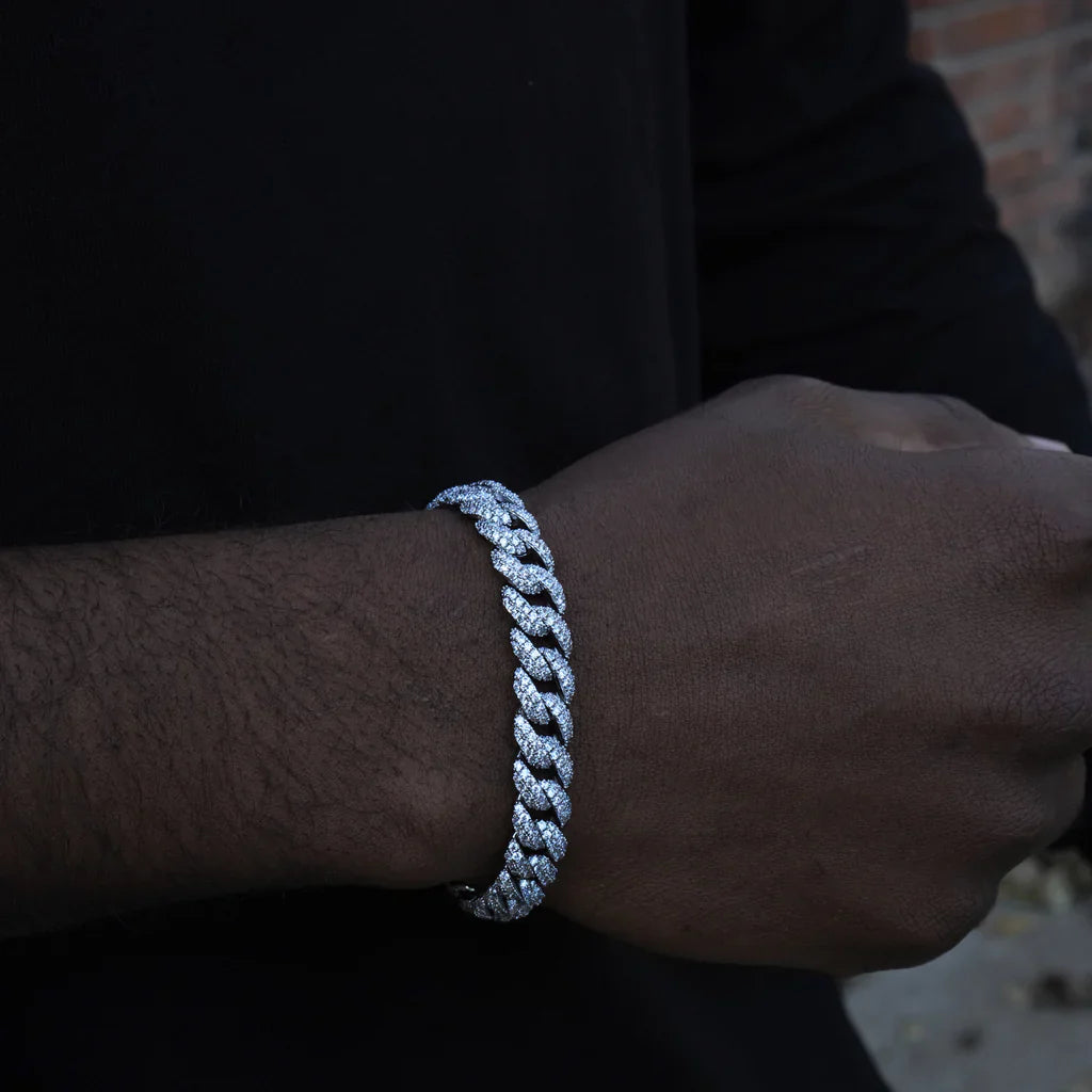10mm Cuban link bracelet in white gold iced finish on wrist