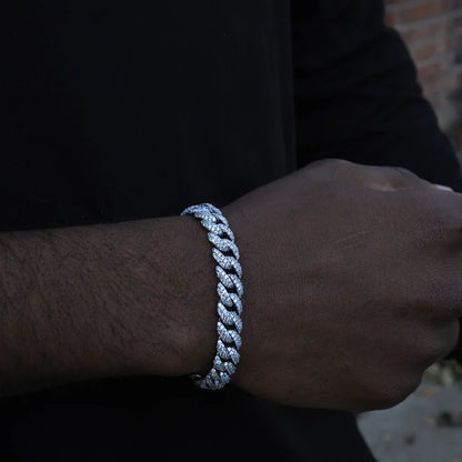 10mm Cuban link bracelet in white gold iced finish on wrist