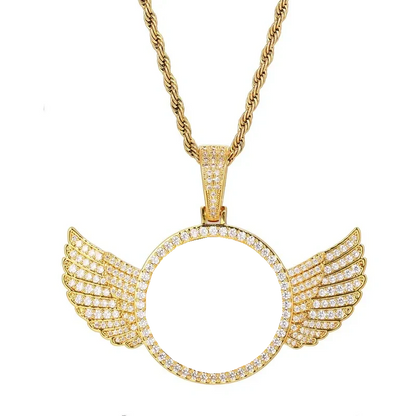 18k Gold Custom Photo Round Wing Pendant - 67mm
