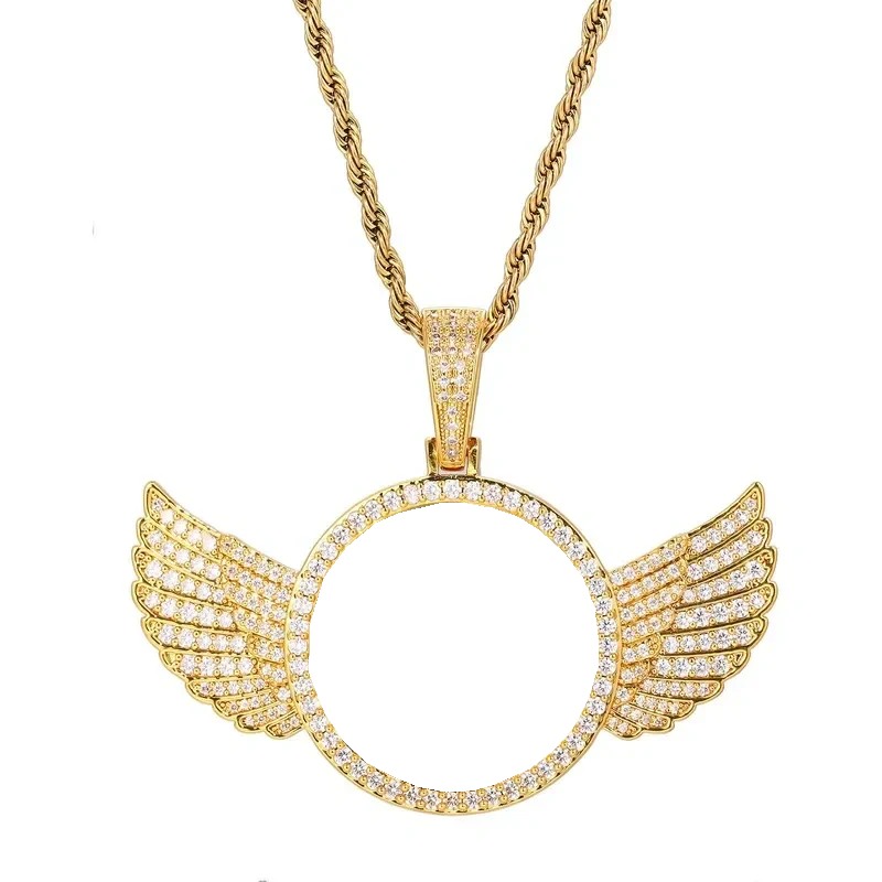 18k Gold Custom Photo Round Wing Pendant - 67mm