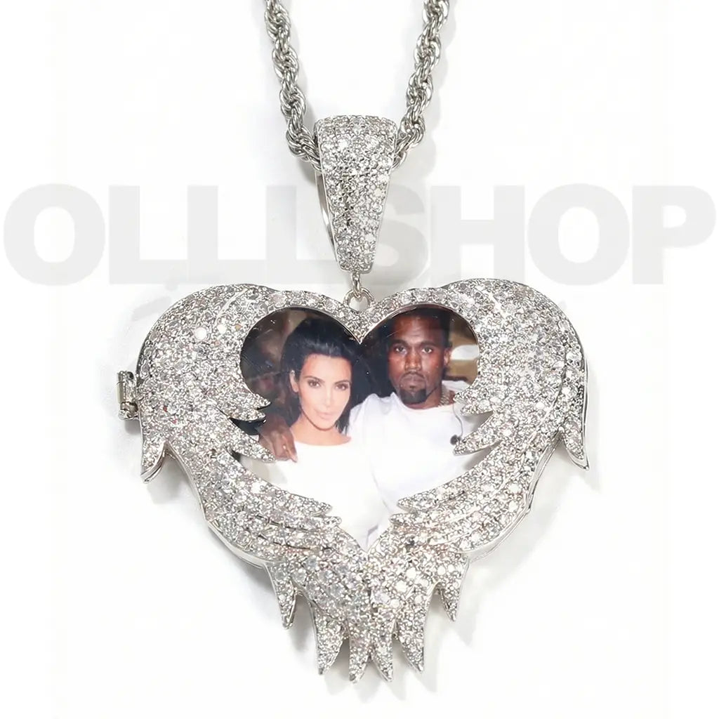 Custom Angel Wing Heart Photo Pendant Necklace for Couples