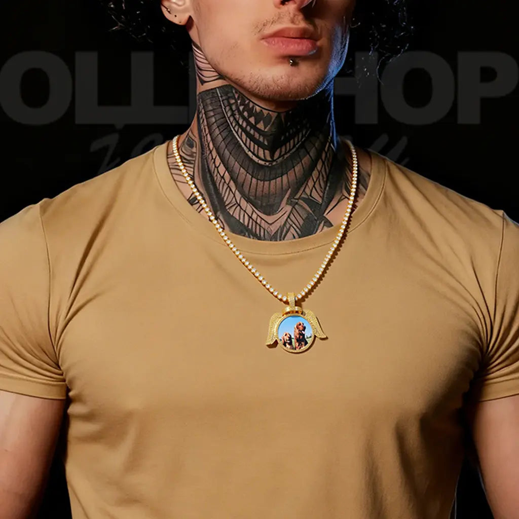 Custom Angel Wing Round Photo Pendant Necklace