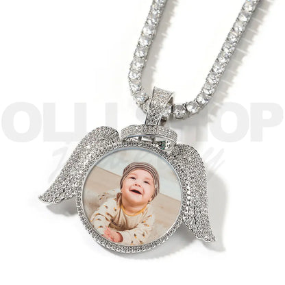Custom Angel Wing Round Photo Pendant Necklace