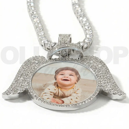 Custom Angel Wing Round Photo Pendant Necklace