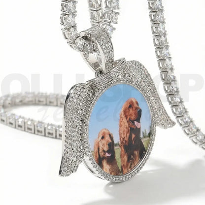 Custom Angel Wing Round Photo Pendant Necklace