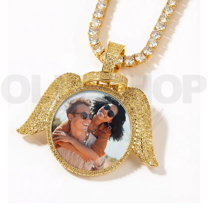 Custom Angel Wing Round Photo Pendant Necklace