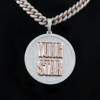 Custom iced circle pendant with YUNG STAR letters, hip hop jewelry design