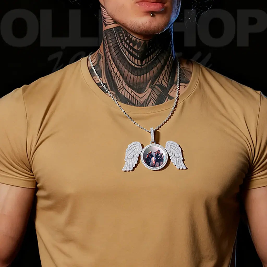 Custom Iced CZ Angel Wing Photo Pendant Necklace