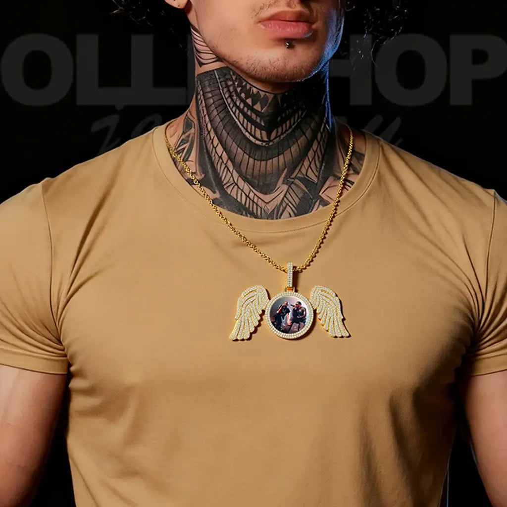 Custom Iced CZ Angel Wing Photo Pendant Necklace