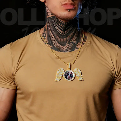 Custom Iced CZ Angel Wing Photo Pendant Necklace
