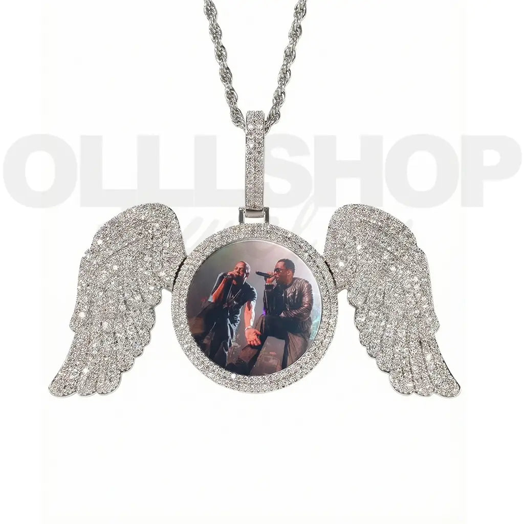 Custom Iced CZ Angel Wing Photo Pendant Necklace