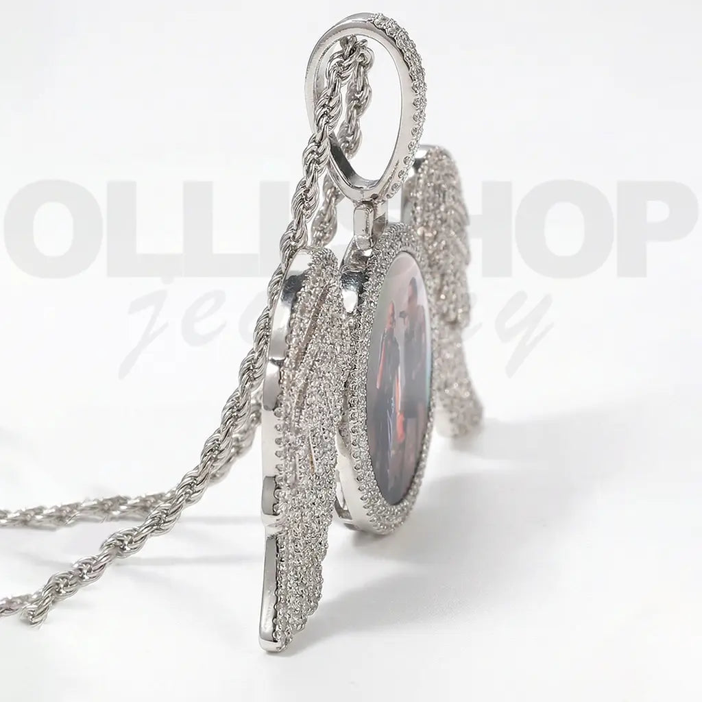 Custom Iced CZ Angel Wing Photo Pendant Necklace