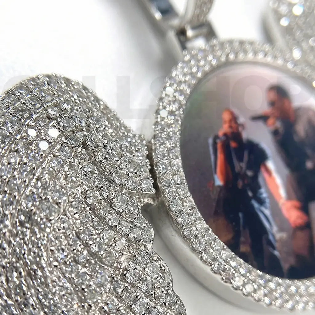 Custom Iced CZ Angel Wing Photo Pendant Necklace